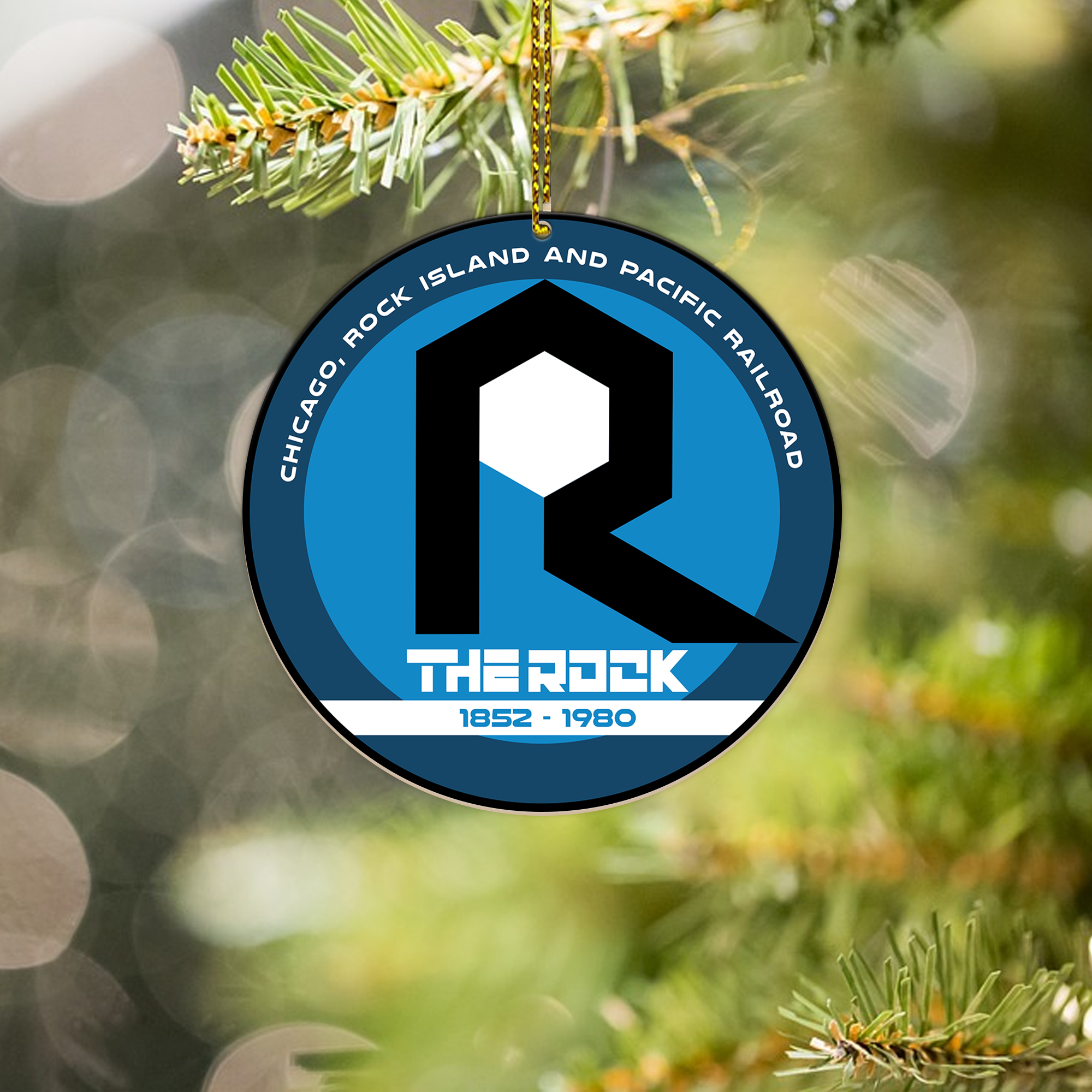 Chicago Rock Island and Pacific Railroad Ornament, Retro Train Logo Round Decoration, Vintage Railway Christmas Gift Idea