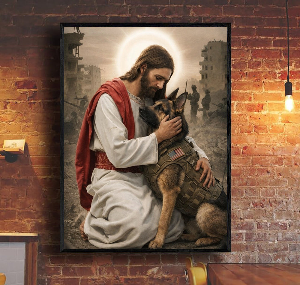 Soldier And Military Dog In Chaos Canvas Jesus Canvas Wall Art, Christian Military Wall Art for Veterans, Faith Home Decor Gift Idea