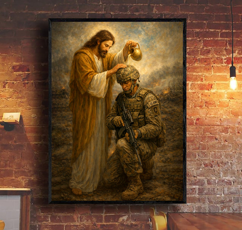 Jesus Anointed in War Soldier Canvas Wall Art, Christian Canvas Faith Home Decor Veteran Gift Ideas