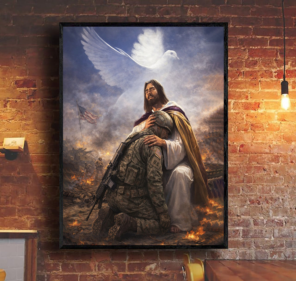 A Soldier Is Never Alone in the Arms of Christ Canvas Wall Art, Christian Canvas Faith Home Decor Veteran Gift Ideas