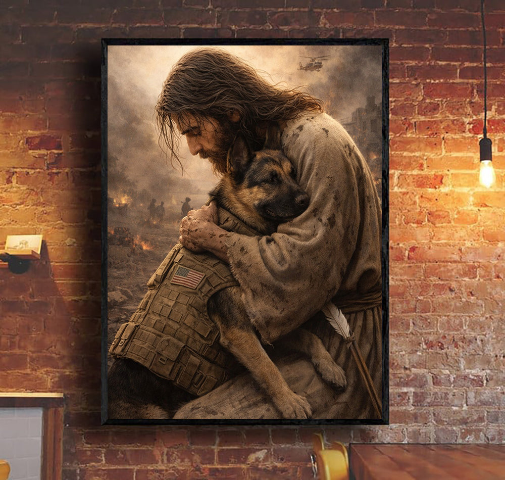 Soldier Hug Military Dog Canvas Jesus Canvas Wall Art, Christian Military Wall Art for Veterans, Faith Home Decor Gift