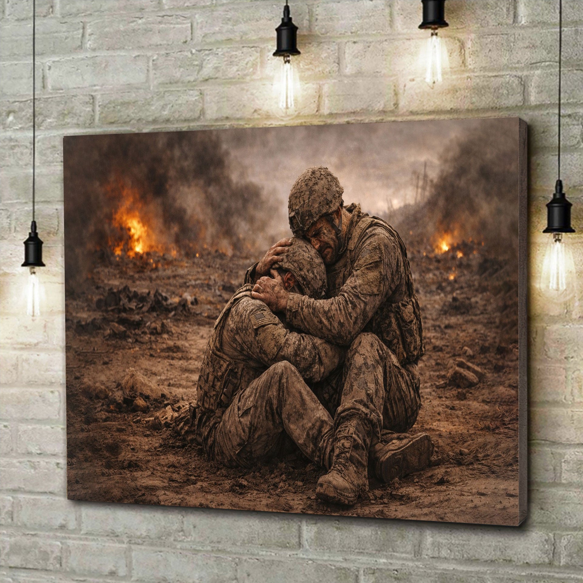 Brothers in the Ashes – Emotional War Canvas Showcasing Soldier Brotherhood Canvas Wall Art, Christian Military Wall Art for Veterans, Faith Home Decor Gift Idea
