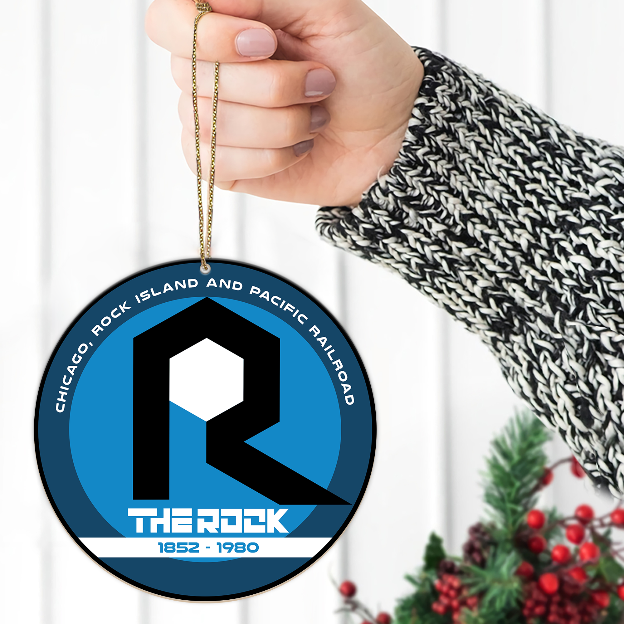 Chicago Rock Island and Pacific Railroad Ornament, Retro Train Logo Round Decoration, Vintage Railway Christmas Gift Idea