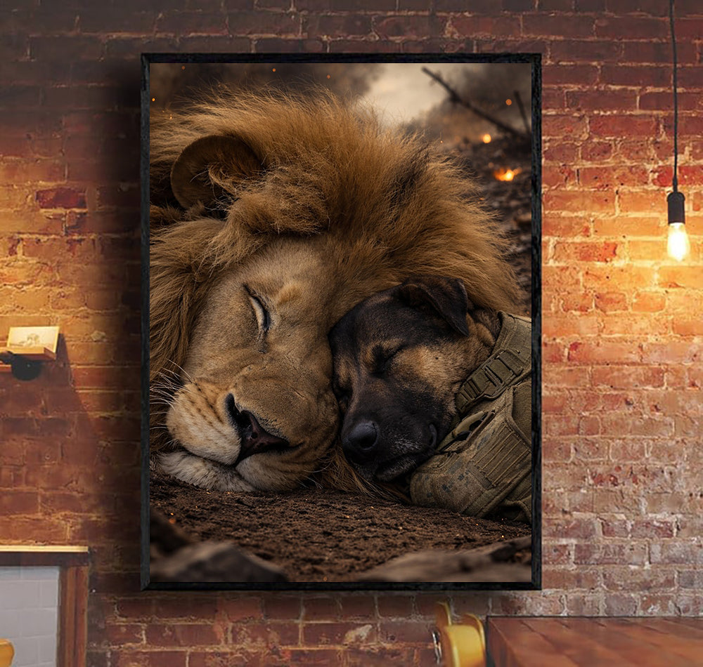 Military Dog and Lion Canvas Wall Art, Patriotic Military Decor, Courage Strength Warrior Print, Veteran Gift, Home Artwork Decor