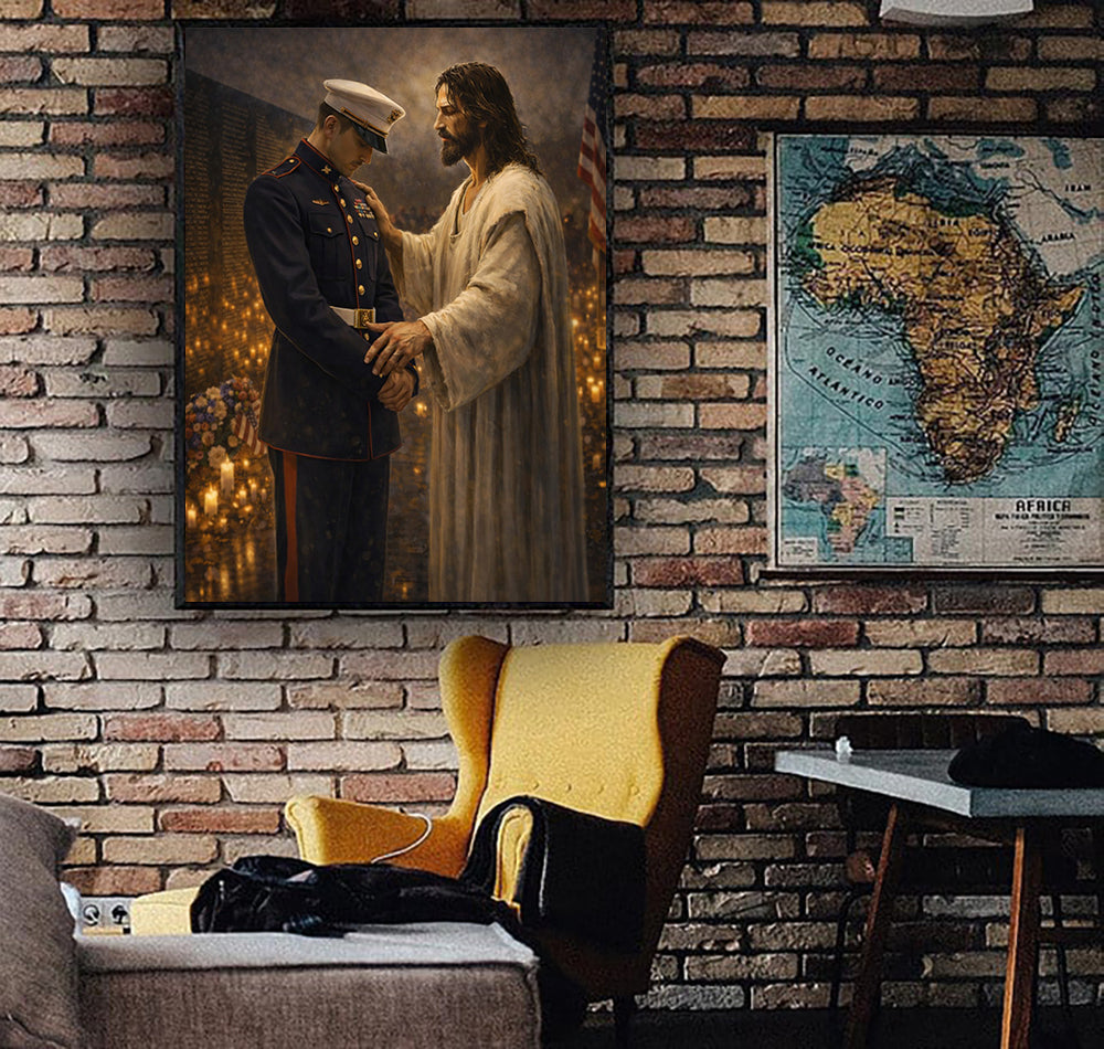 Soldier and Jesus Canvas Wall Art, Patriotic Military Decor, Courage Strength Warrior Print, Veteran Canvas Gift, Home Artwork Decor