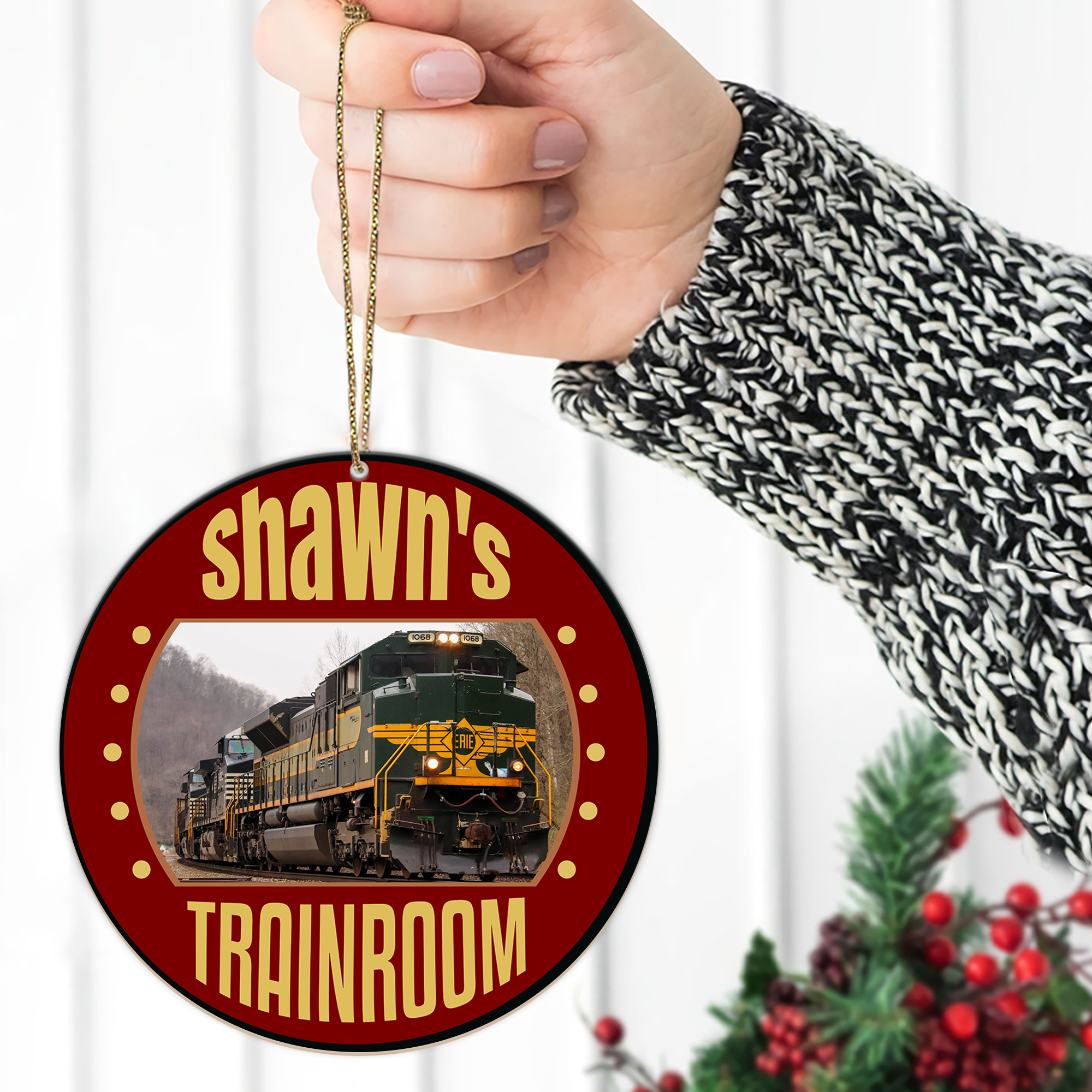 Custom Name Erie Railway Ornament, Retro Train Logo Christmas Decoration for Collectors and Vintage Railroad Lovers