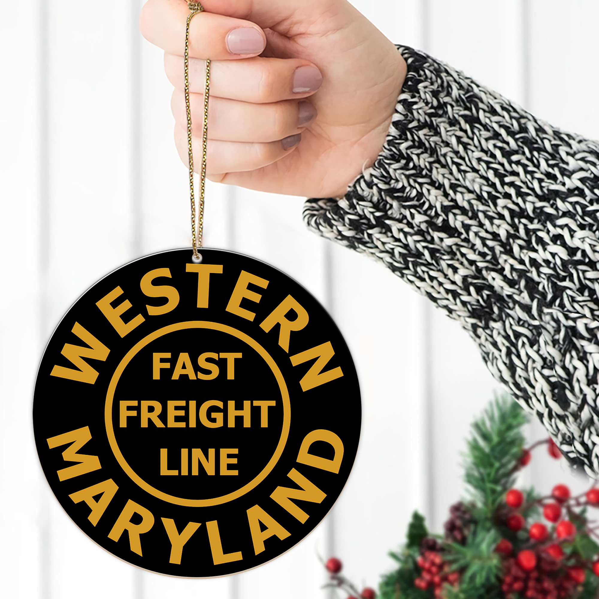 Western Maryland Fast Freight Line Ornament, Vintage Railroad Logo Round Christmas Decoration for Train Lovers and Collectors