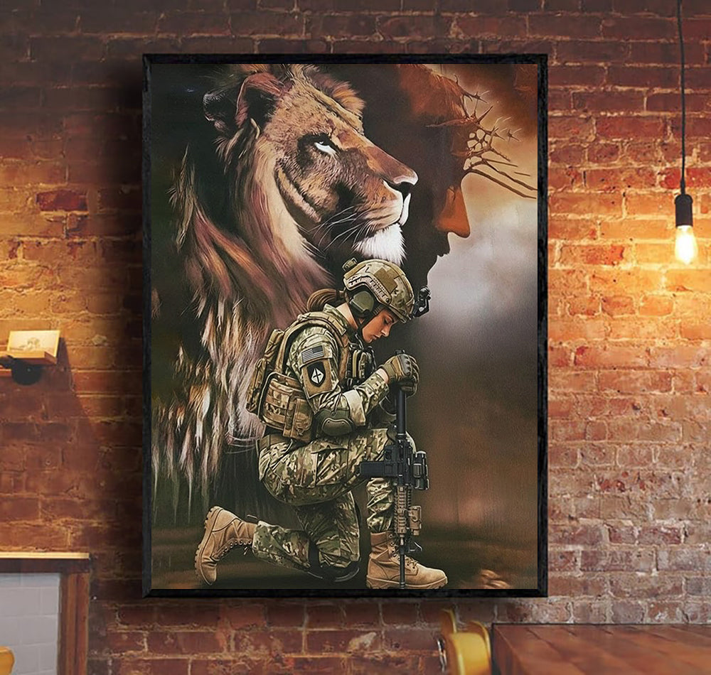 Jesus and Lion Beside Female Soldier Canvas Wall Art, Female Veteran Faith Decor, Christian Gift for Veterans