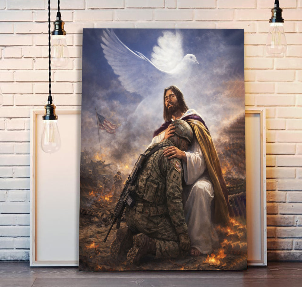 A Soldier Is Never Alone in the Arms of Christ Canvas Wall Art, Christian Canvas Faith Home Decor Veteran Gift Ideas