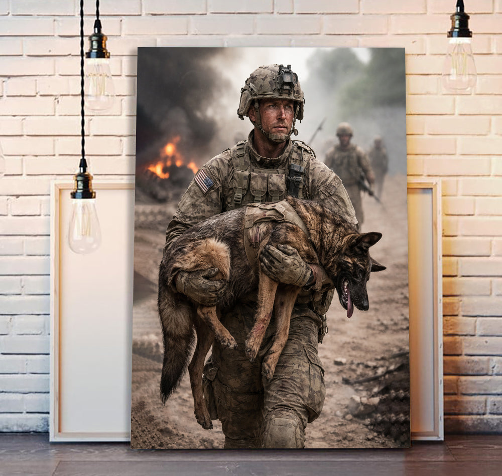 US Soldier Carrying Fallen Military Dog Canvas Wall Art, Patriotic Military Decor, Courage Strength Warrior Print, Veteran Canvas Gift, Home Artwork Decor