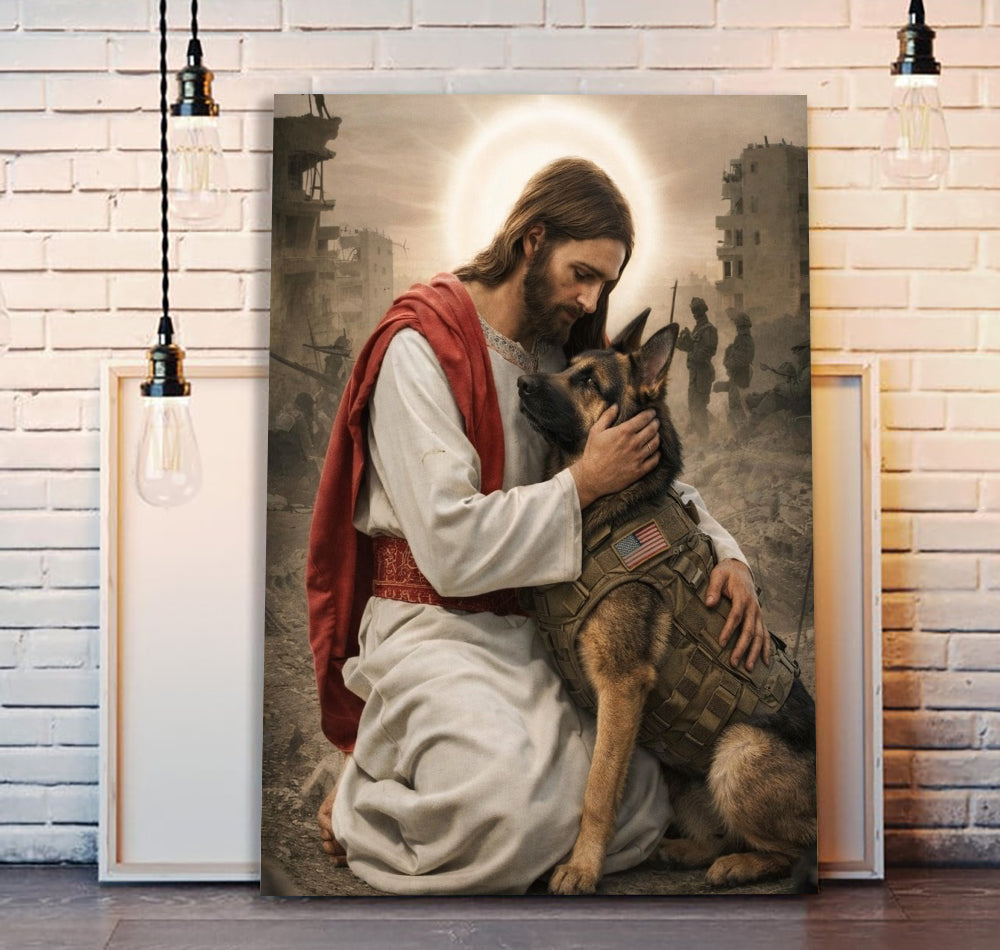 Soldier And Military Dog In Chaos Canvas Jesus Canvas Wall Art, Christian Military Wall Art for Veterans, Faith Home Decor Gift Idea