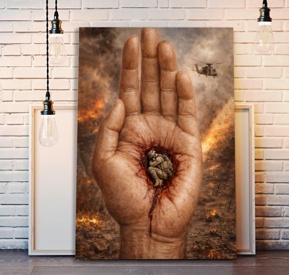 A Life in the Palm Canvas Soldier Sacrifice Canvas Wall Art, Christian Military Wall Art for Veterans, Faith Home Decor Gift Idea