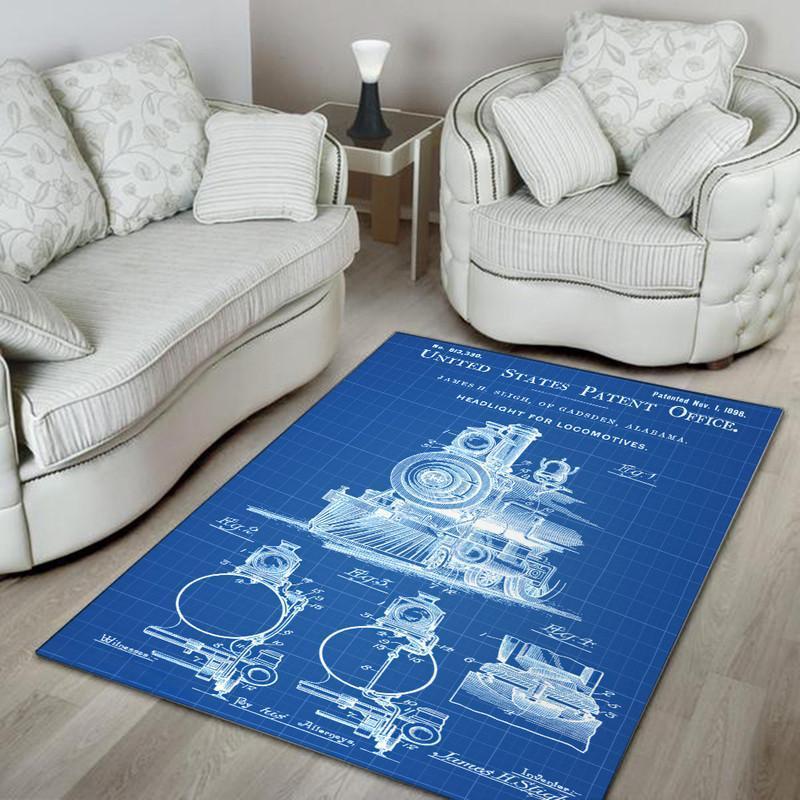Railspirit Locomotive Area Rug Steam Locolotive US Patent Office Blue Railroad Rug Gift Idea For Train Lovers