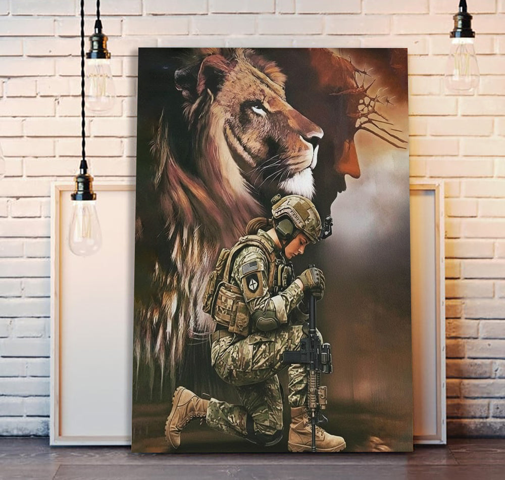 Jesus and Lion Beside Female Soldier Canvas Wall Art, Female Veteran Faith Decor, Christian Gift for Veterans