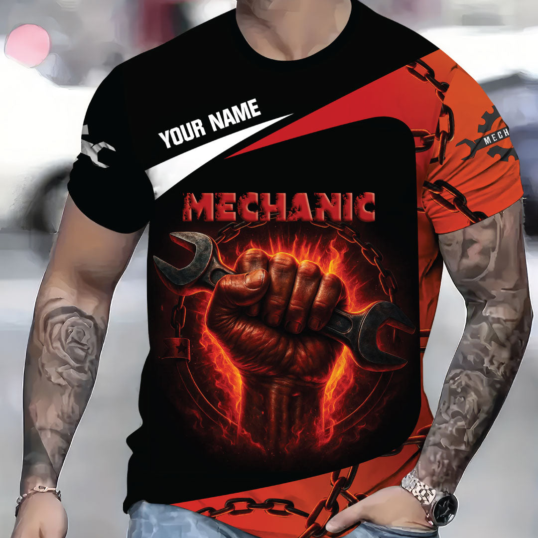 Personalized Garage Mechanic Shirt, Wrench Grip with Fire and Chains, Perfect Gift for Car Repair Lovers