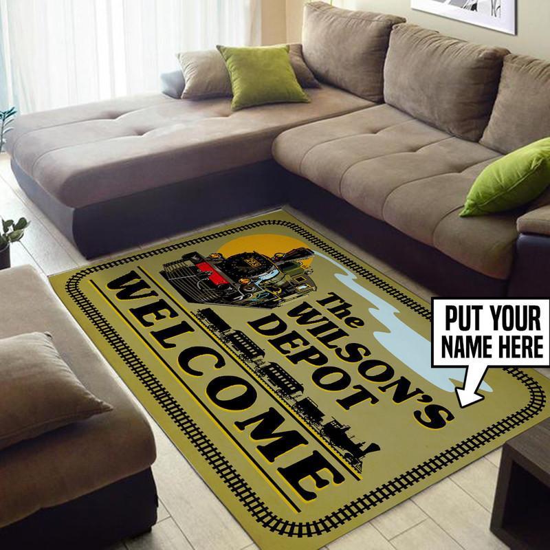 Railspirit Personalized Steam Locomotive Train Depot Welcome Area Rug Gift Idea For Train Lovers