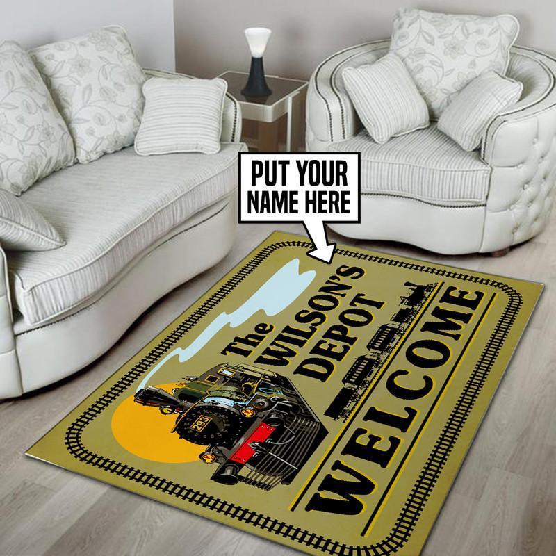 Railspirit Personalized Steam Locomotive Train Depot Welcome Area Rug Gift Idea For Train Lovers