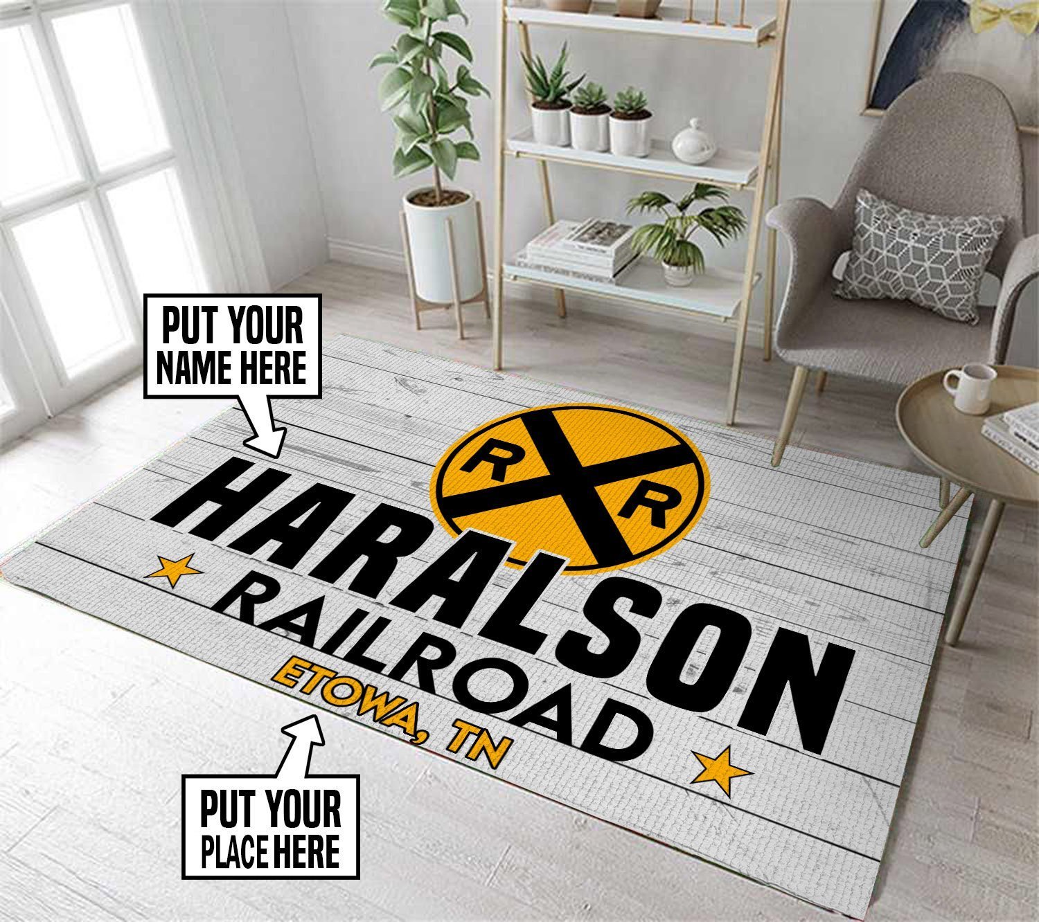 Railspirit Personalized Haralson Railroad Crossing Train Style Area Rug Gift Idea For Train Lovers