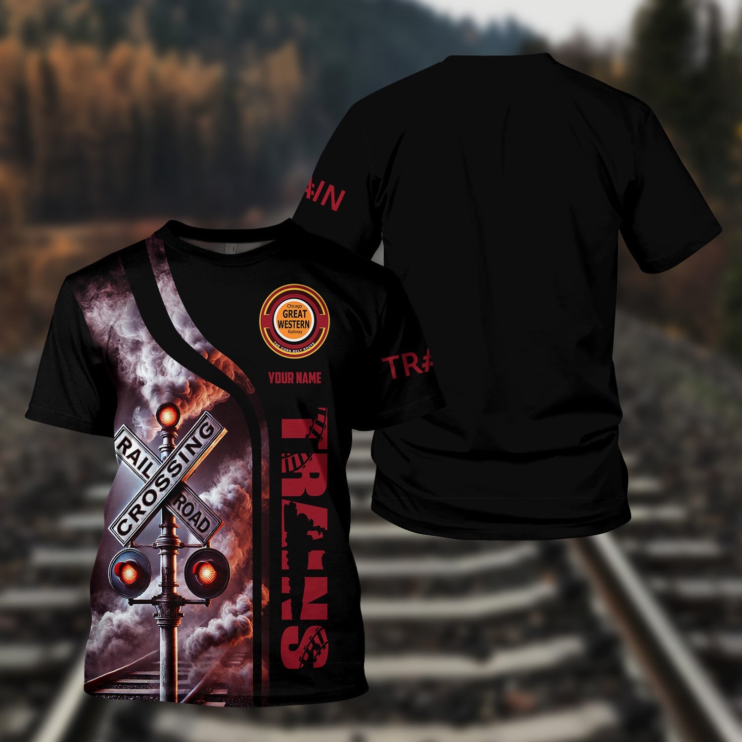 Railspirit Custom Name Chicago Great Western Railroad T Shirt Railroad Crossing Sign Train Shirt All Over Print