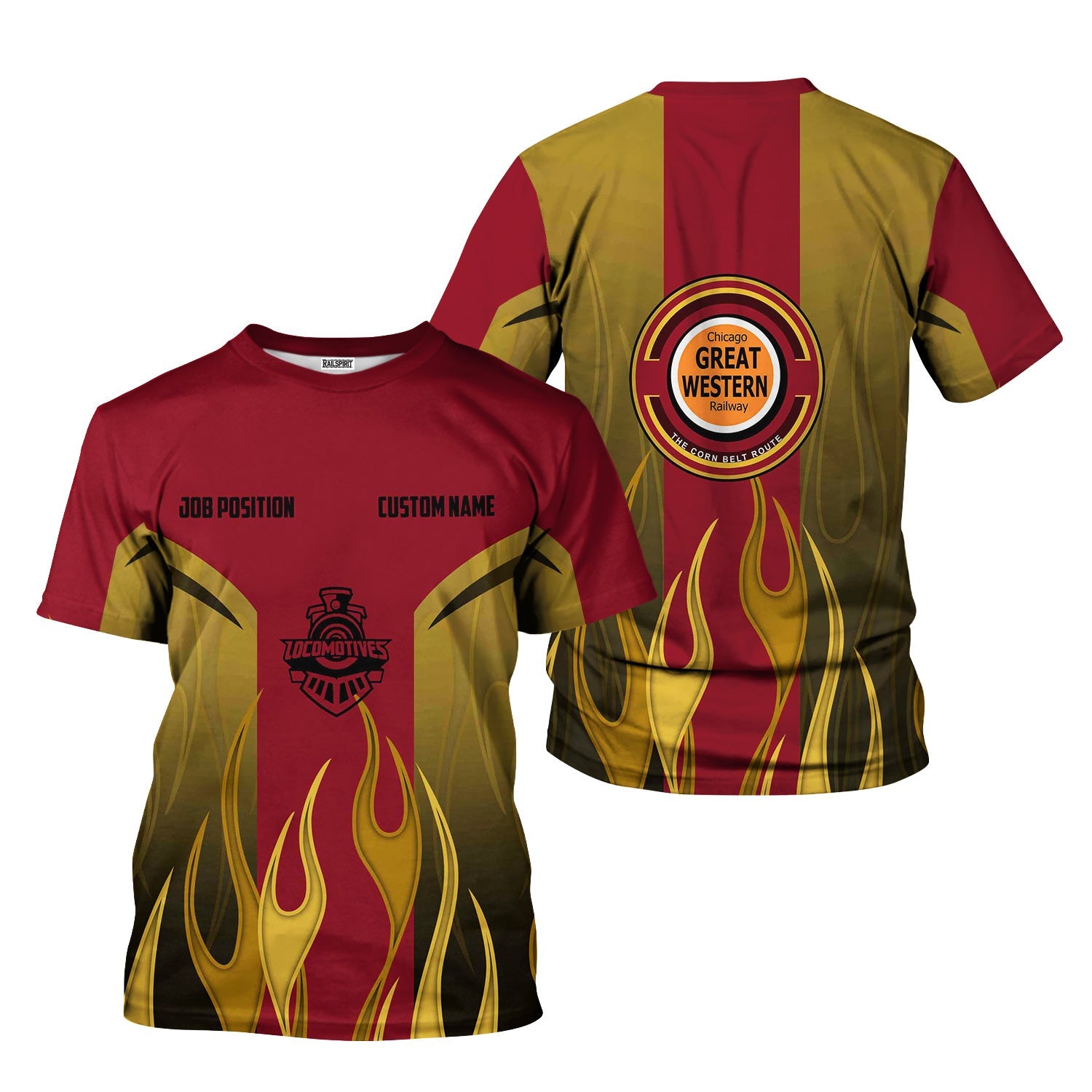Railspirit Custom Name and Job Title Chicago Great Western Railroad T-Shirt Flame Graphic Train Shirt