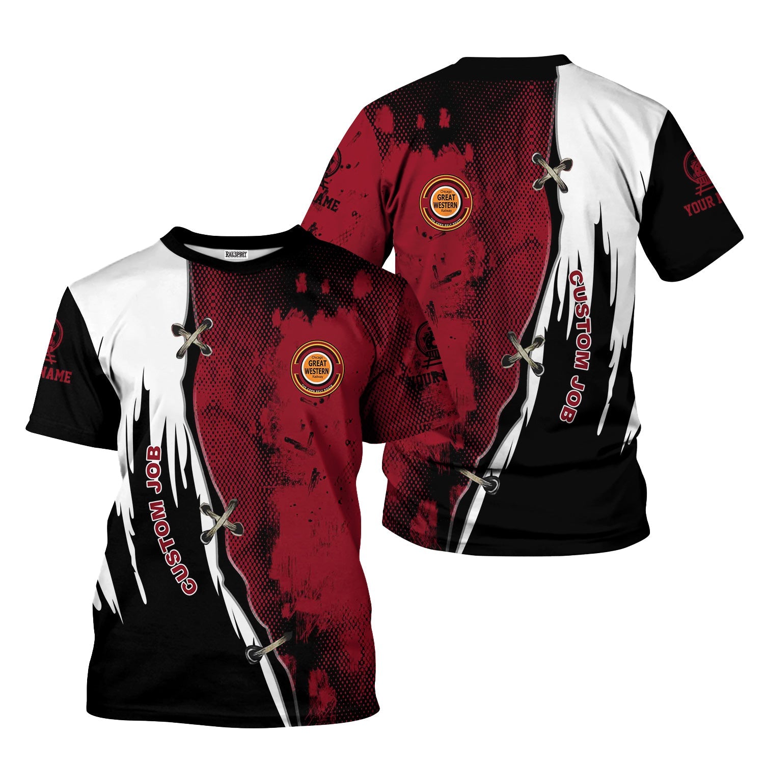 Railspirit Personalized Chicago Great Western Railroad T-Shirt Retro Stitches Design with Custom Position Train Shirt