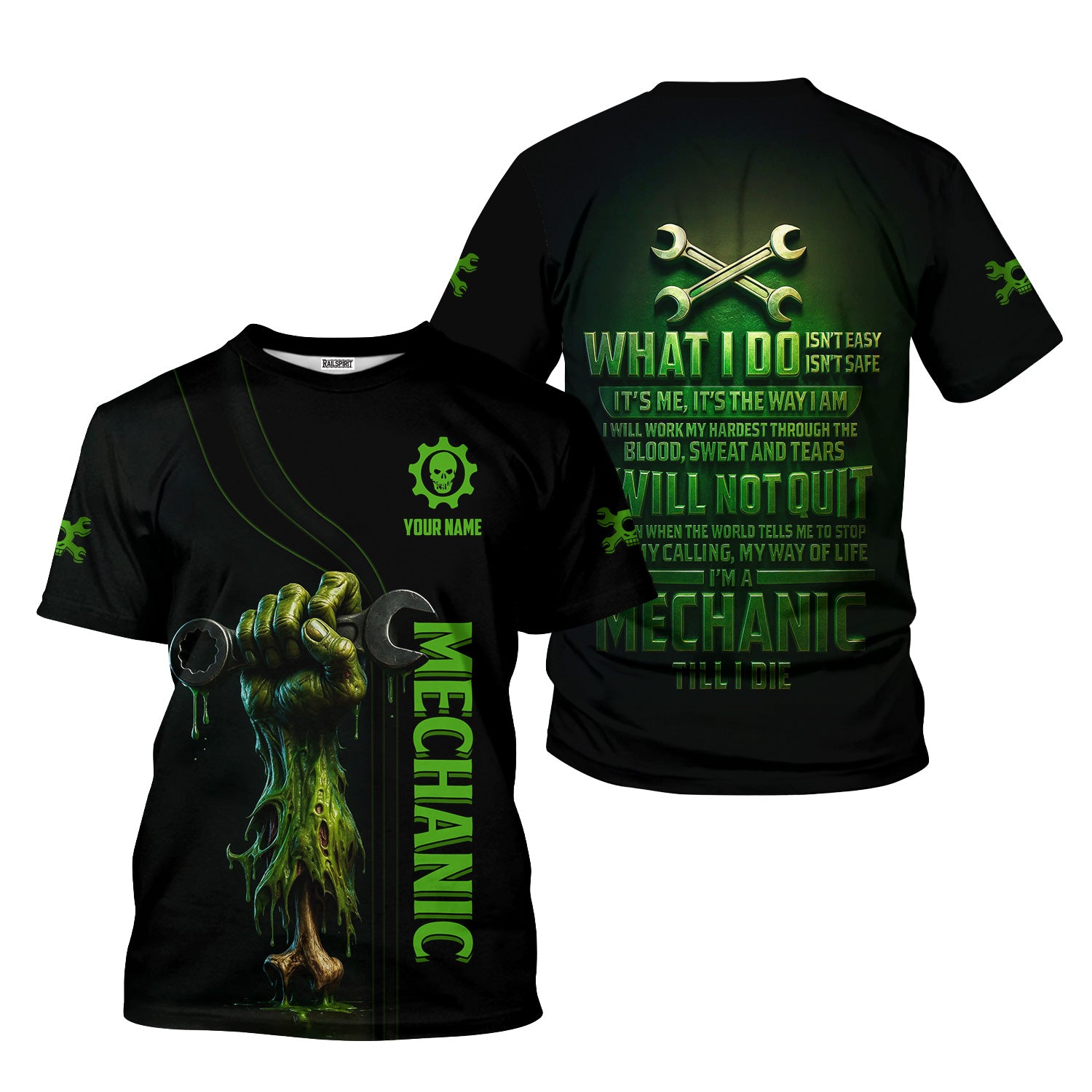 Personalized Mechanic Shirt, I Will Not Quit I'm A Mechanic Till I Die, Zombie and Wrenches Design, Gift For Men