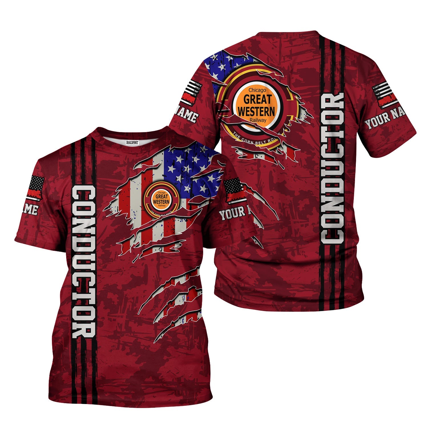 Railspirit Personalized Chicago Great Western Railroad T-Shirt USA Flag Claw Art with Custom Job Train Shirt