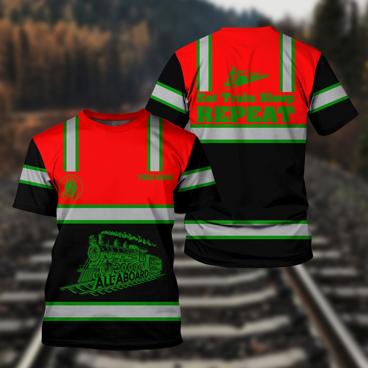 Railspirit Custom Name Elgin Joliet And Eastern Railroad T Shirt Eat Train Sleep Repeat Printed Train Shirt
