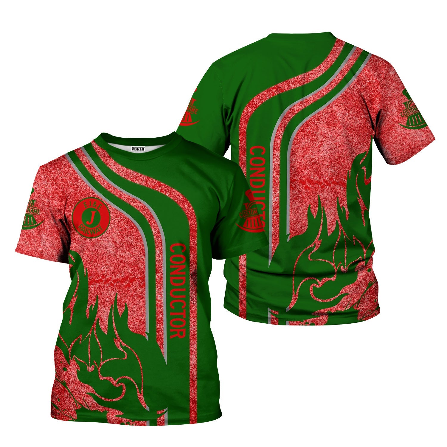 Railspirit Personalized Elgin Joliet And Eastern Railroad T-Shirt Flame Design with Custom Job Position Train Shirt