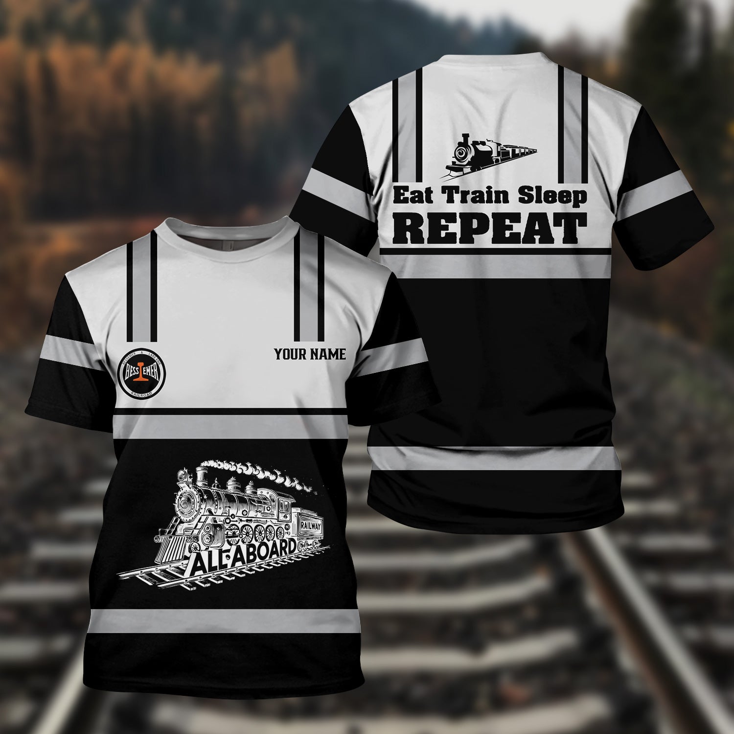 Railspirit Custom Name Bessemer And Lake Erie Railroad T Shirt Eat Train Sleep Repeat Printed Train Shirt