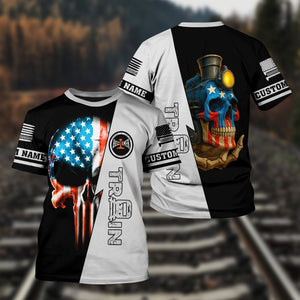 Railspirit Personalized Bessemer And Lake Erie Railroad T-Shirt Train Skull American Flag Shirt All Over Print