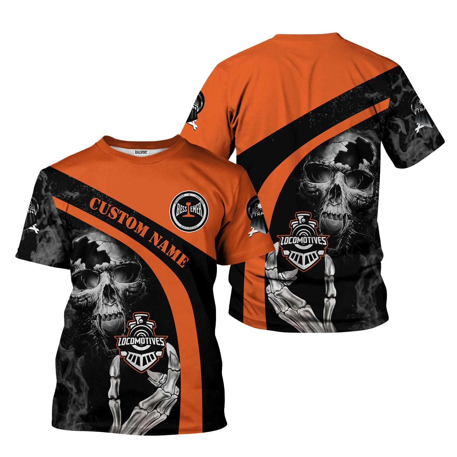 Railspirit Personalized Bessemer And Lake Erie Railroad T-Shirt Flame Skull Design Train Shirt for Locomotive Fans