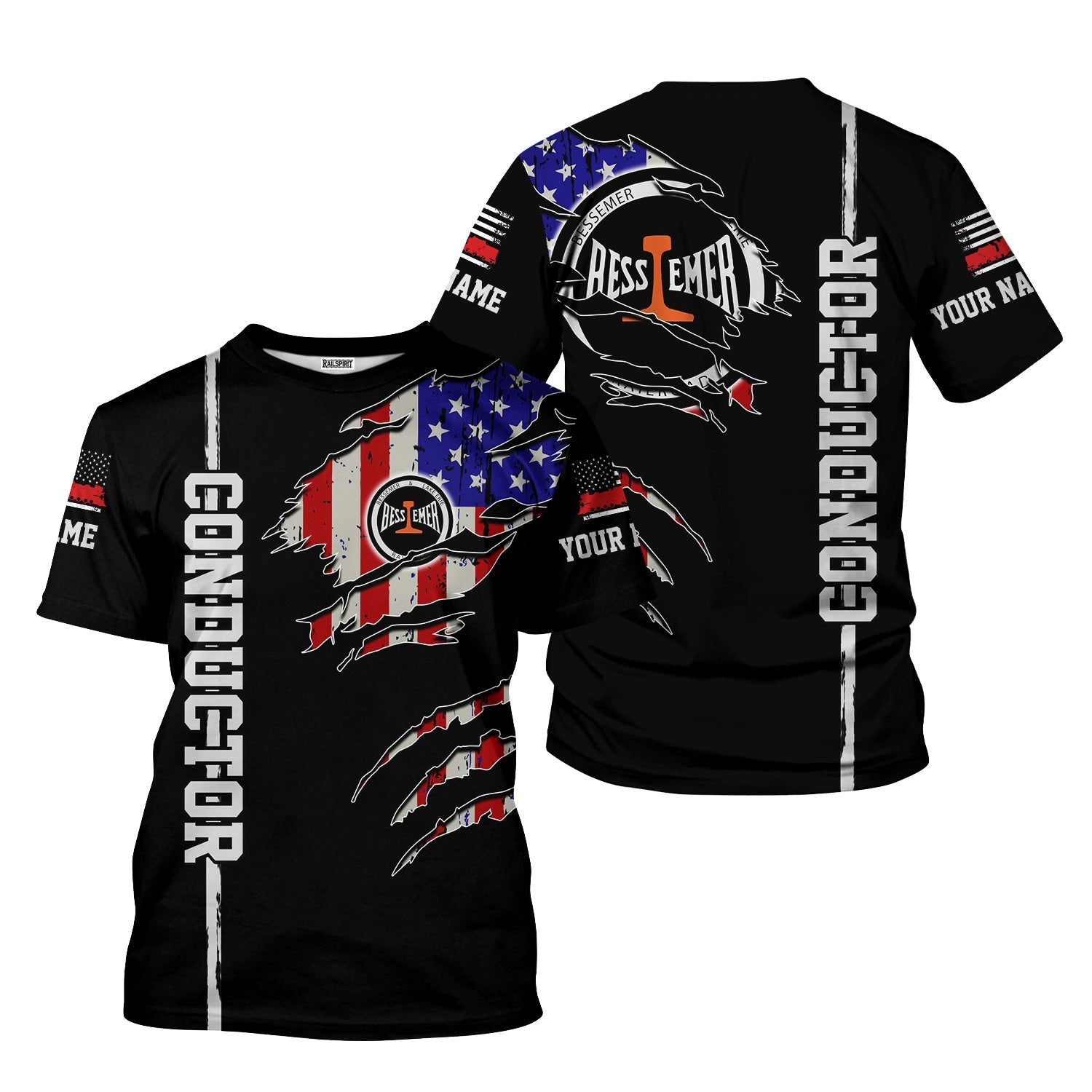 Railspirit Personalized Bessemer And Lake Erie Railroad T-Shirt USA Flag Claw Art with Custom Job Train Shirt