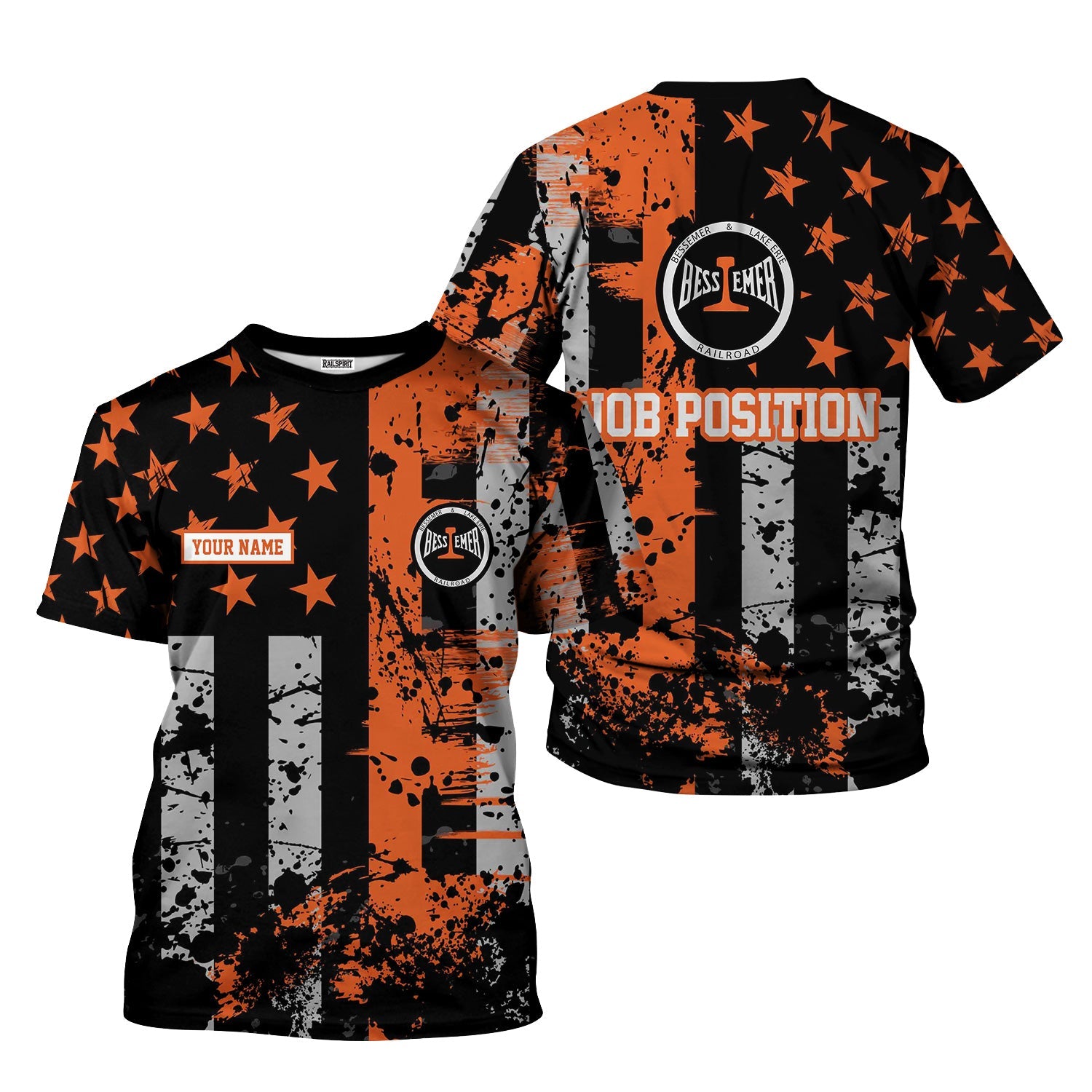 Railspirit Personalized Bessemer And Lake Erie Railroad T-Shirt Artistic Paint American Flag Style Train Shirt