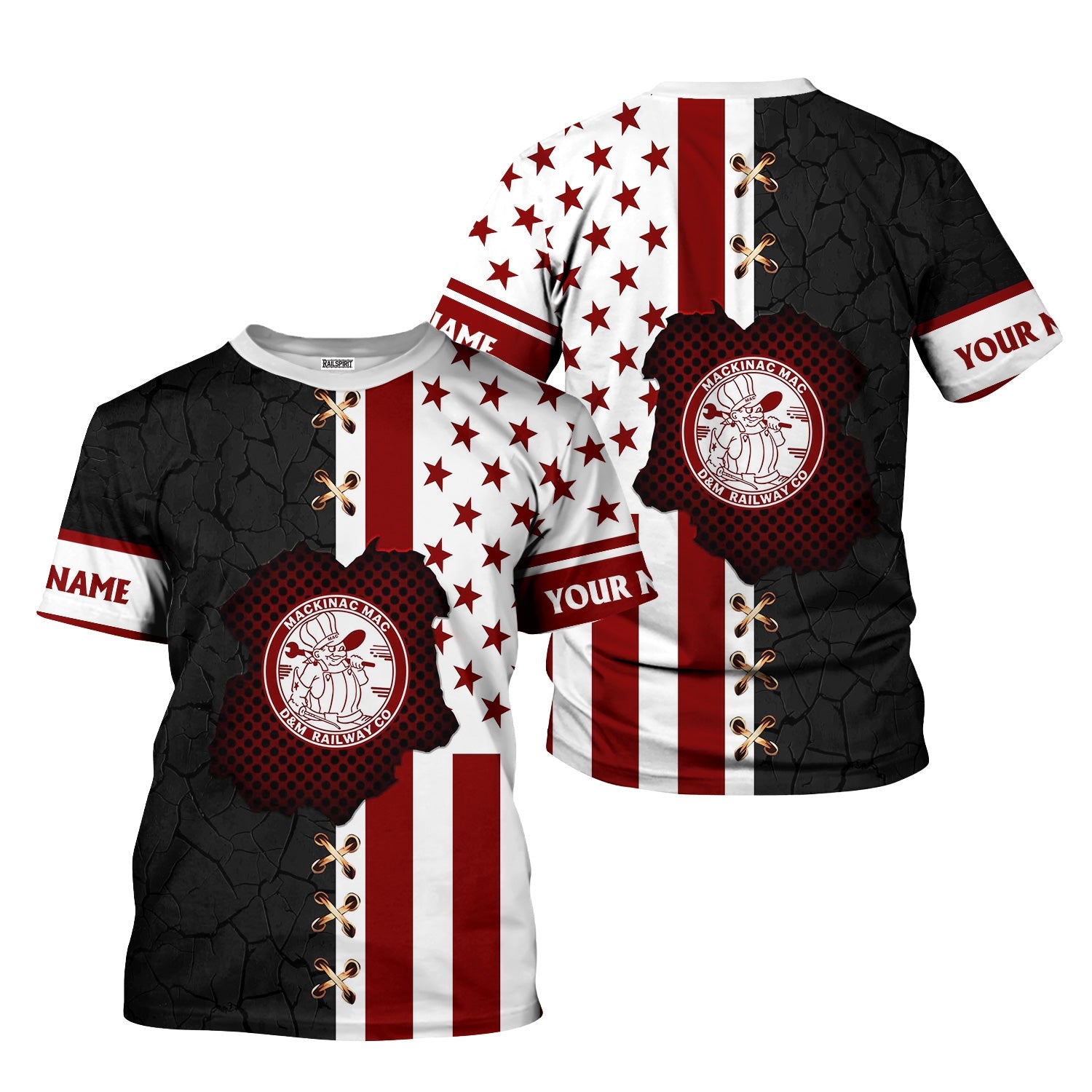 Railspirit Personalized Detroit & Mackinac Railroad T-Shirt American Flag with Crack Effect Train Shirt
