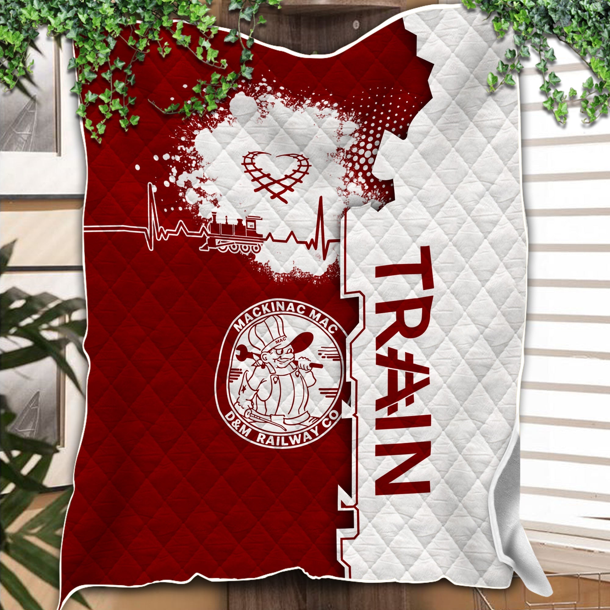 Railspirit Detroit & Mackinac Railroad Premium Quilts Engine Heartbeat and Track Love Style Quilts Gift Idea For Train Lovers