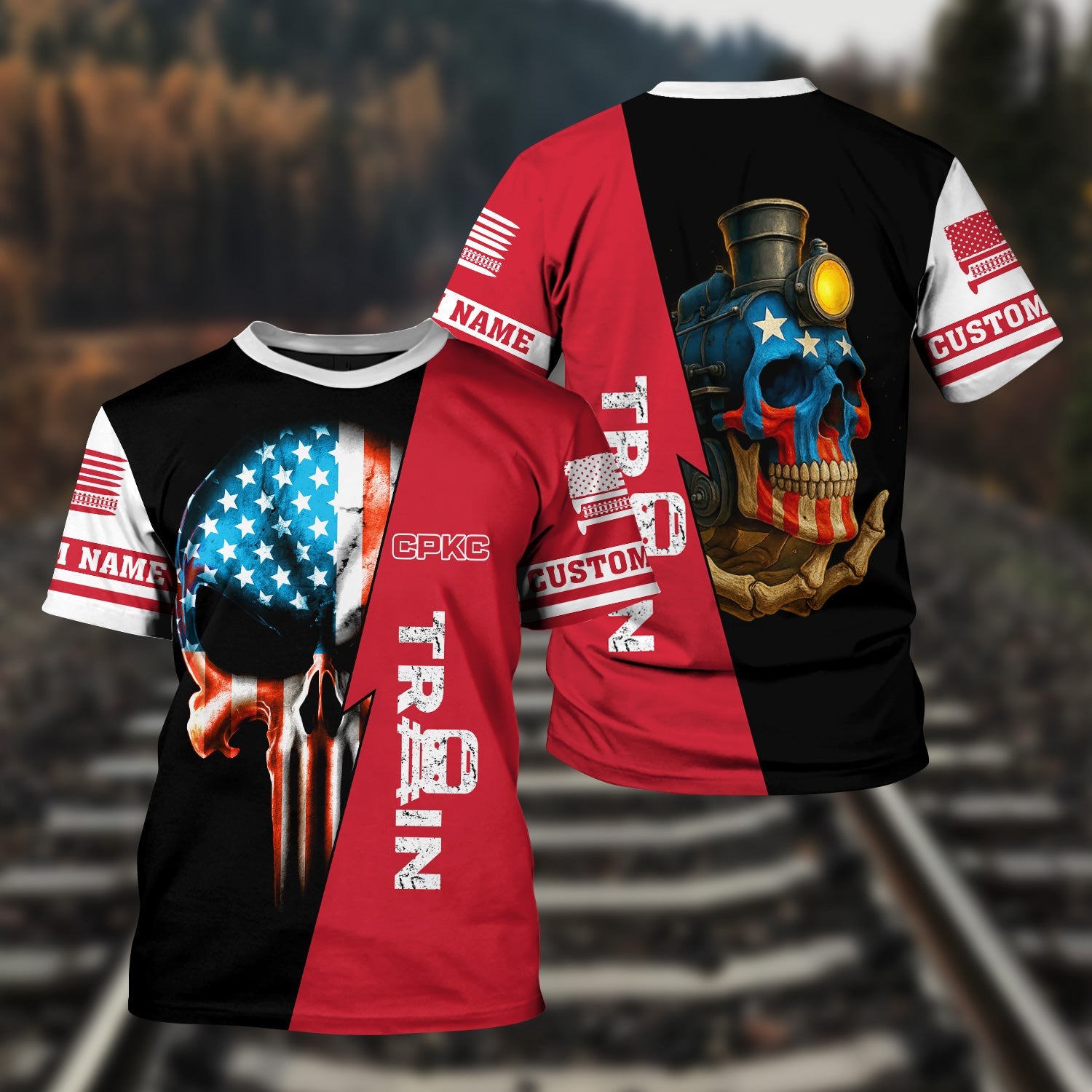 Railspirit Personalized Canadian Pacific Kansas City T-Shirt Train Skull American Flag CPKC Shirt All Over Print