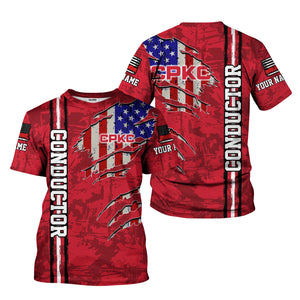 Railspirit Personalized Canadian Pacific Kansas City T-Shirt USA Flag Claw Art with Custom Job CPKC Train Shirt