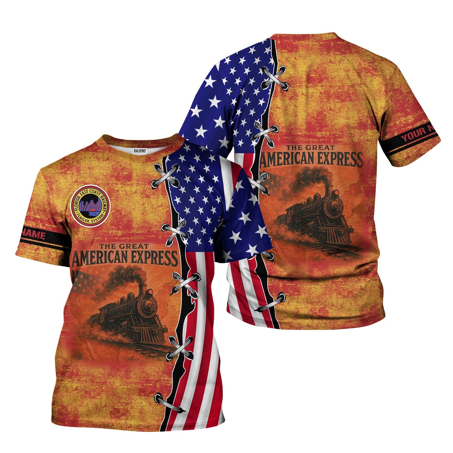 Railspirit Personalized Florida East Coast Railway T-Shirt Retro American Express Train With USA Flag Shirt
