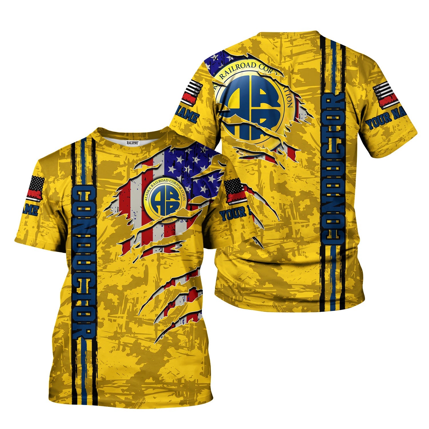 Railspirit Personalized Alaska Railroad T-Shirt USA Flag Claw Art with Custom Job Train Shirt