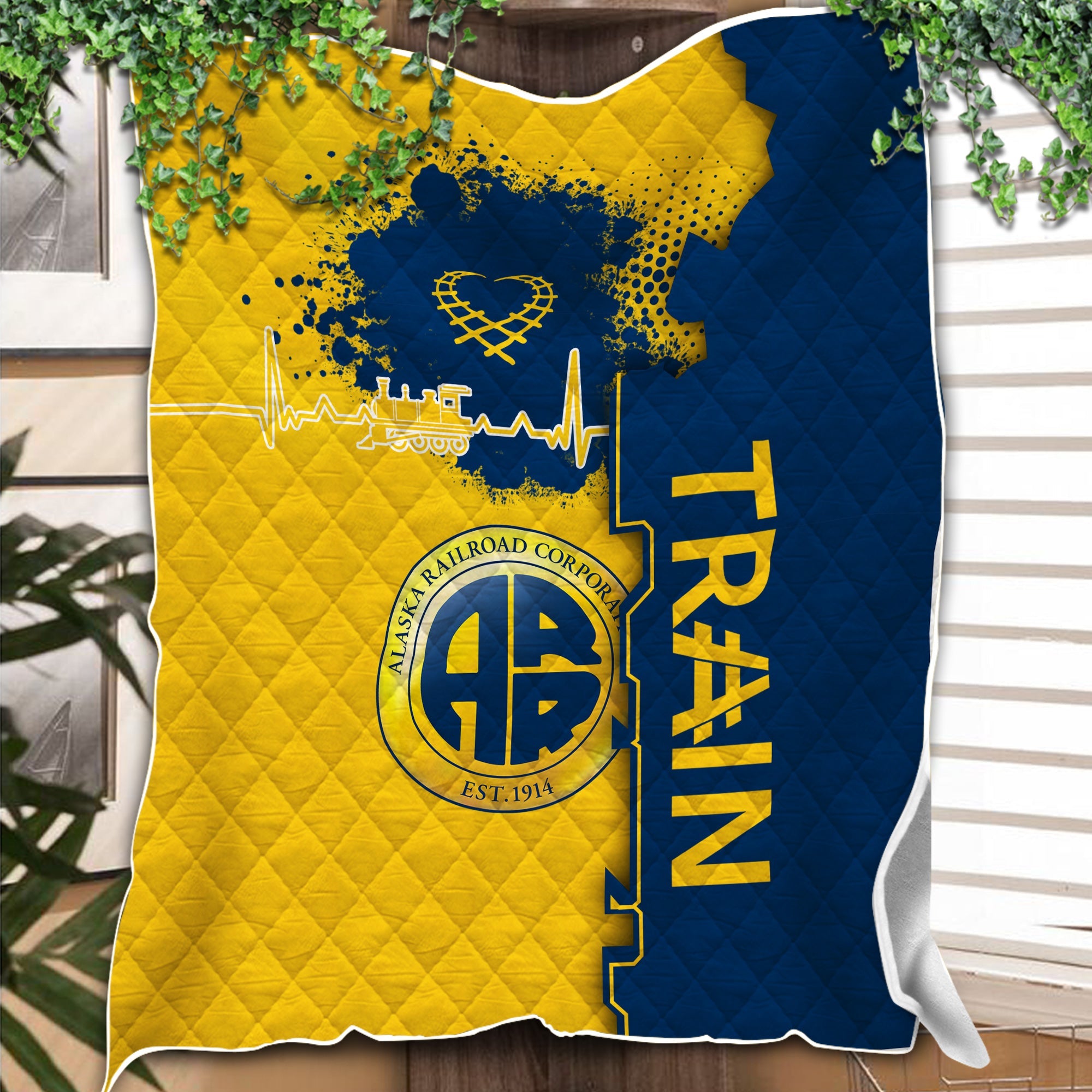 Railspirit Alaska Railroad Premium Quilts Engine Heartbeat and Track Love Style Quilts Gift Idea For Train Lovers