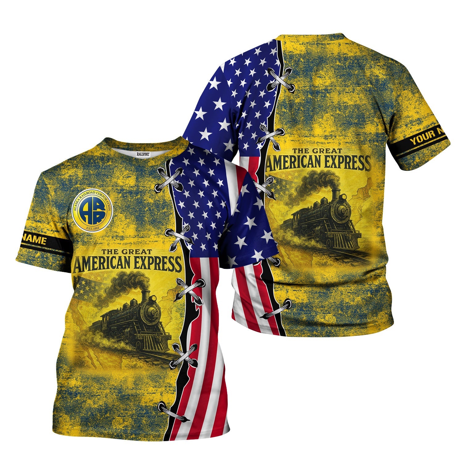 Railspirit Personalized Alaska Railroad T-Shirt Retro American Express Train With USA Flag Shirt