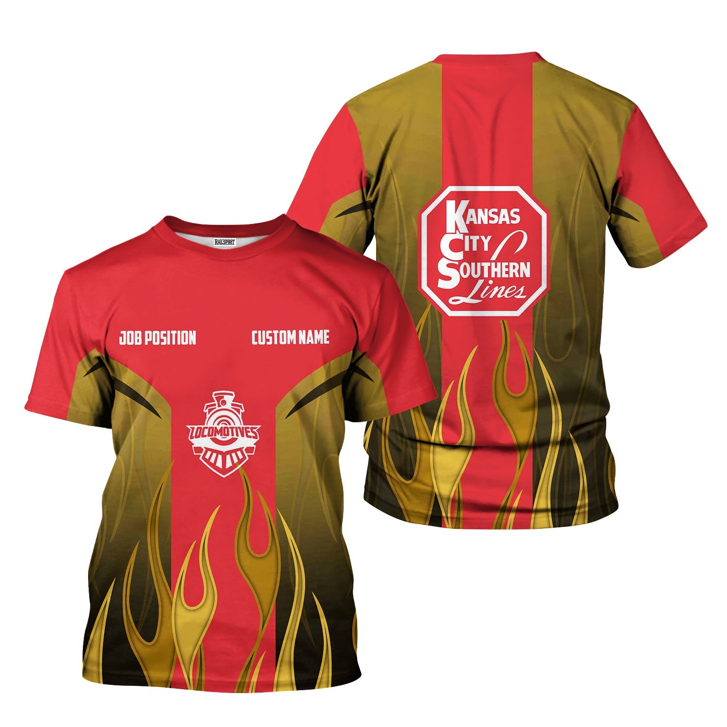 Railspirit Custom Name and Job Title Kansas City Southern T-Shirt Flame Graphic Train Shirt