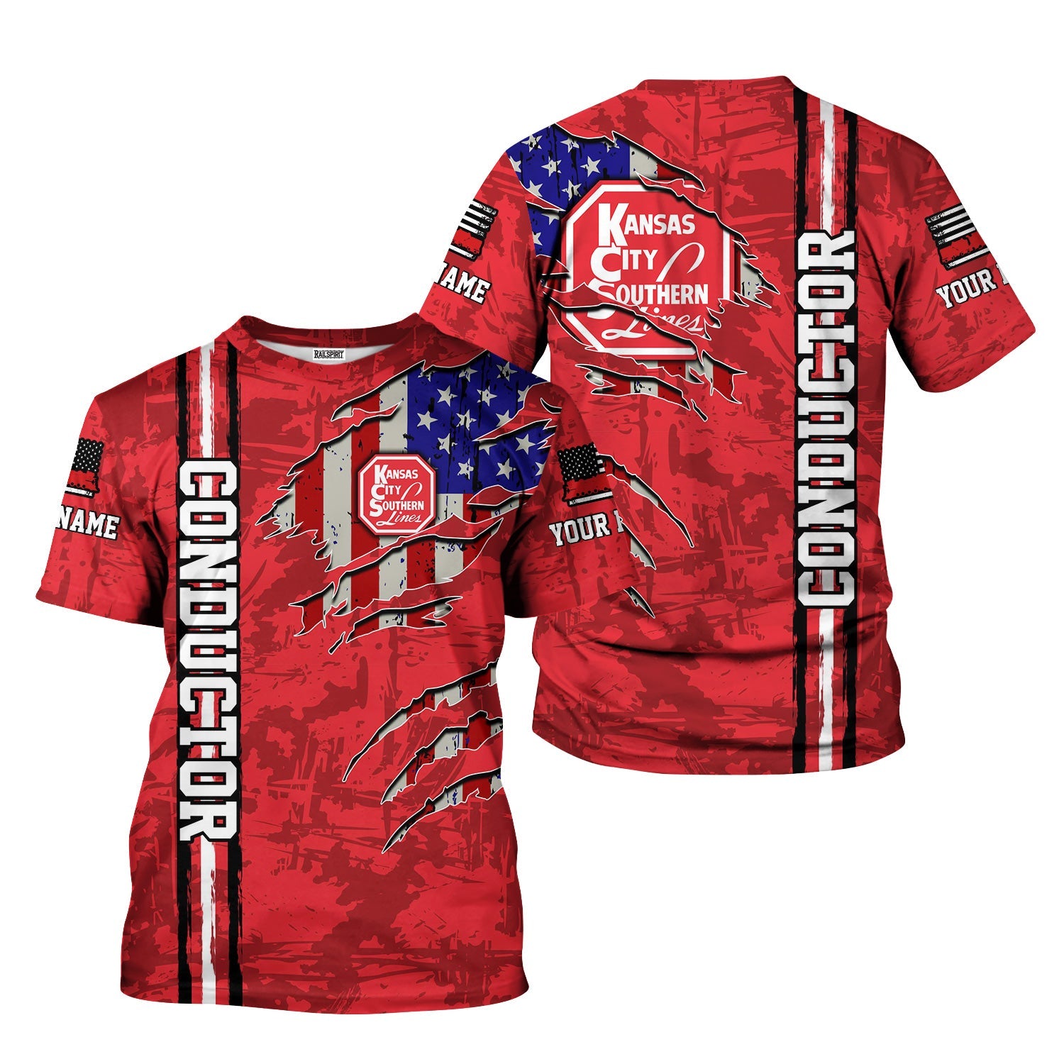 Railspirit Personalized Kansas City Southern T-Shirt USA Flag Claw Art with Custom Job Train Shirt