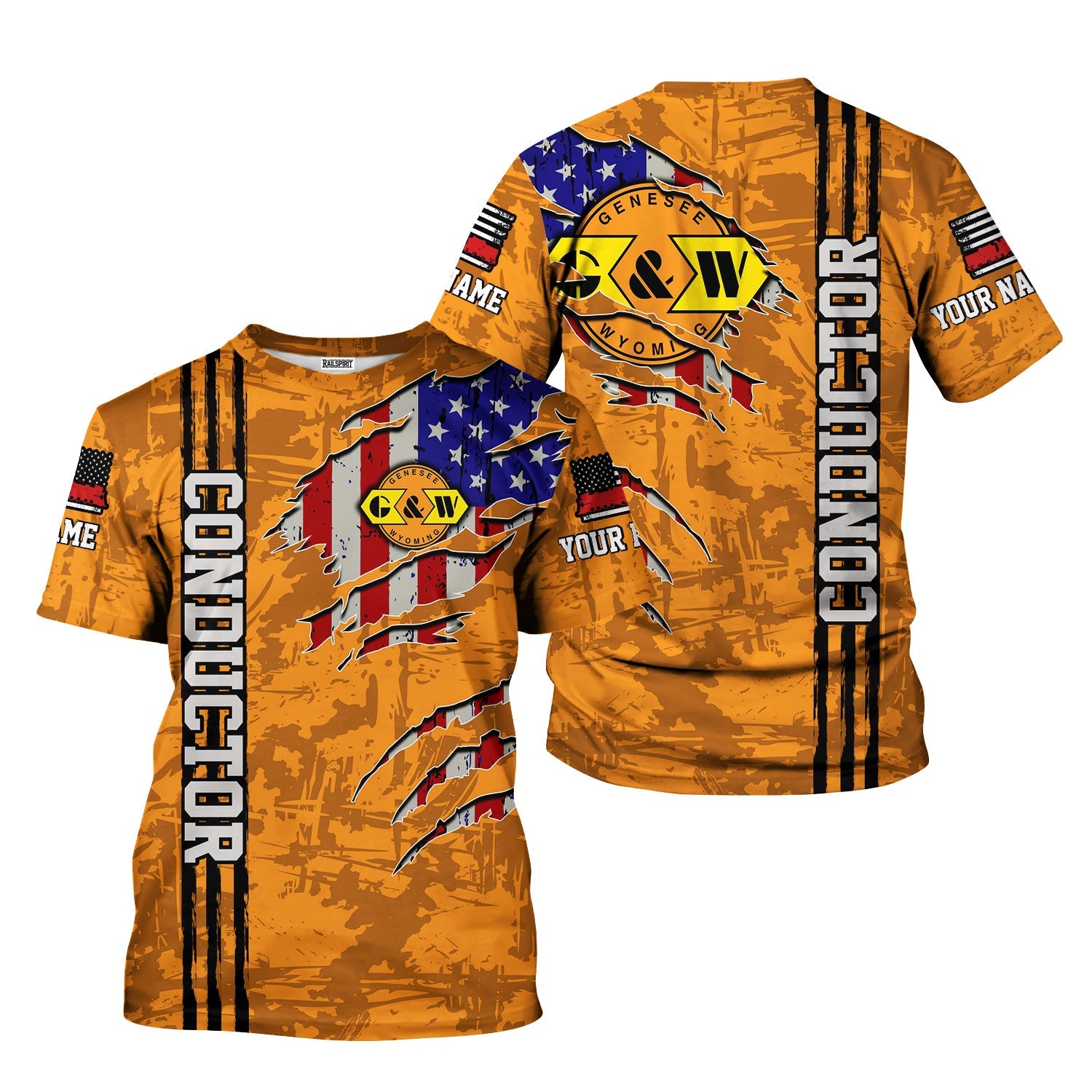 Railspirit Personalized Genesee & Wyoming Inc. Railroad T-Shirt USA Flag Claw Art with Custom Job Train Shirt
