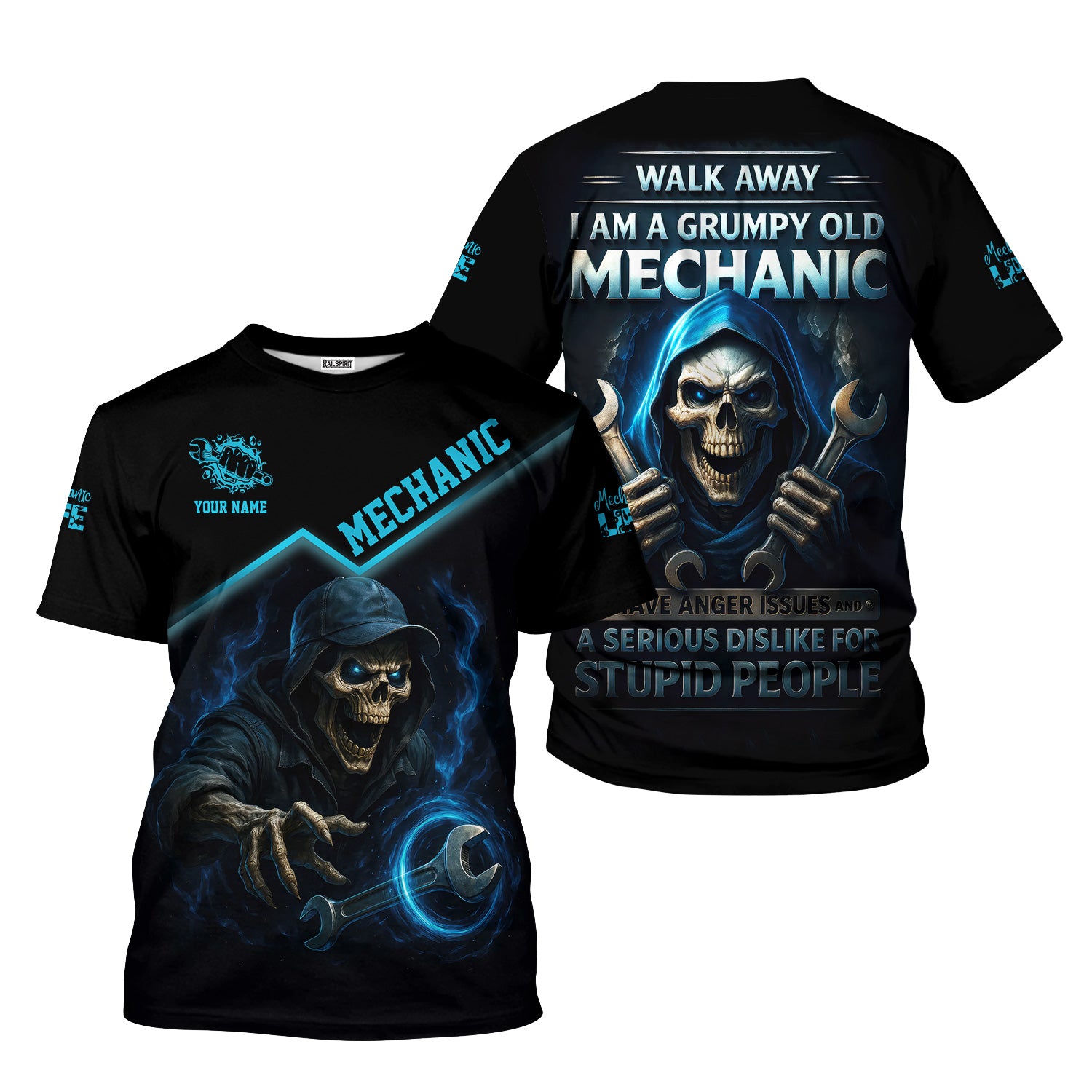 Personalized T-Shirt I Am A Grumpy Old Mechanic Blue Flame Grim Reaper Design Shirt For Mechanics