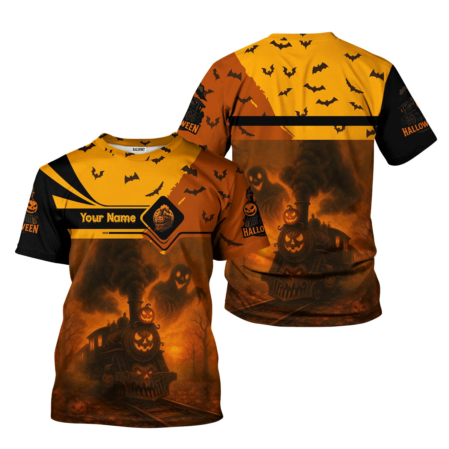 Railspirit Personalized T-Shirt Halloween Pumpkin Train with Ghost Design Shirt for Train Lovers