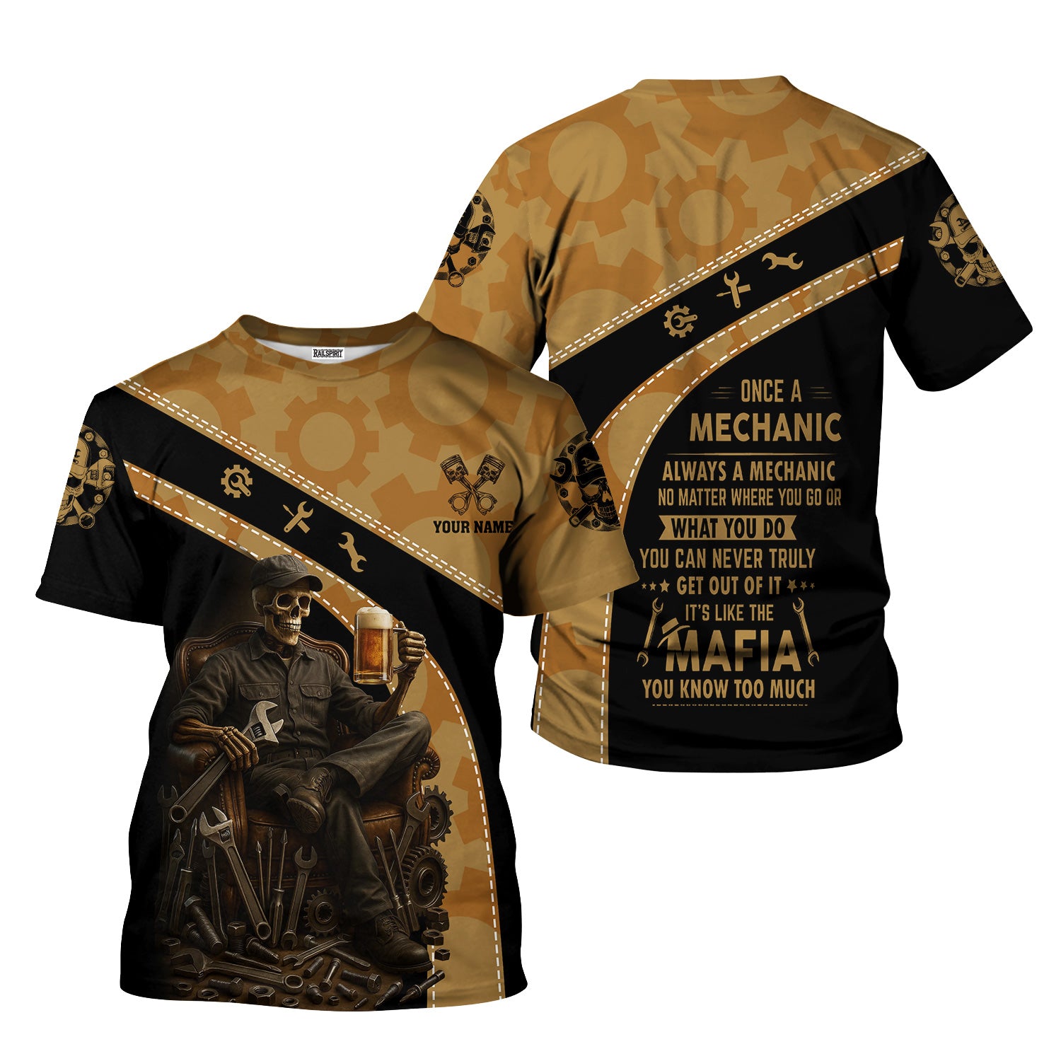 Personalized T-Shirt Once A Mechanic Always A Mechanic Skull with Wrench and Beer Design Shirt