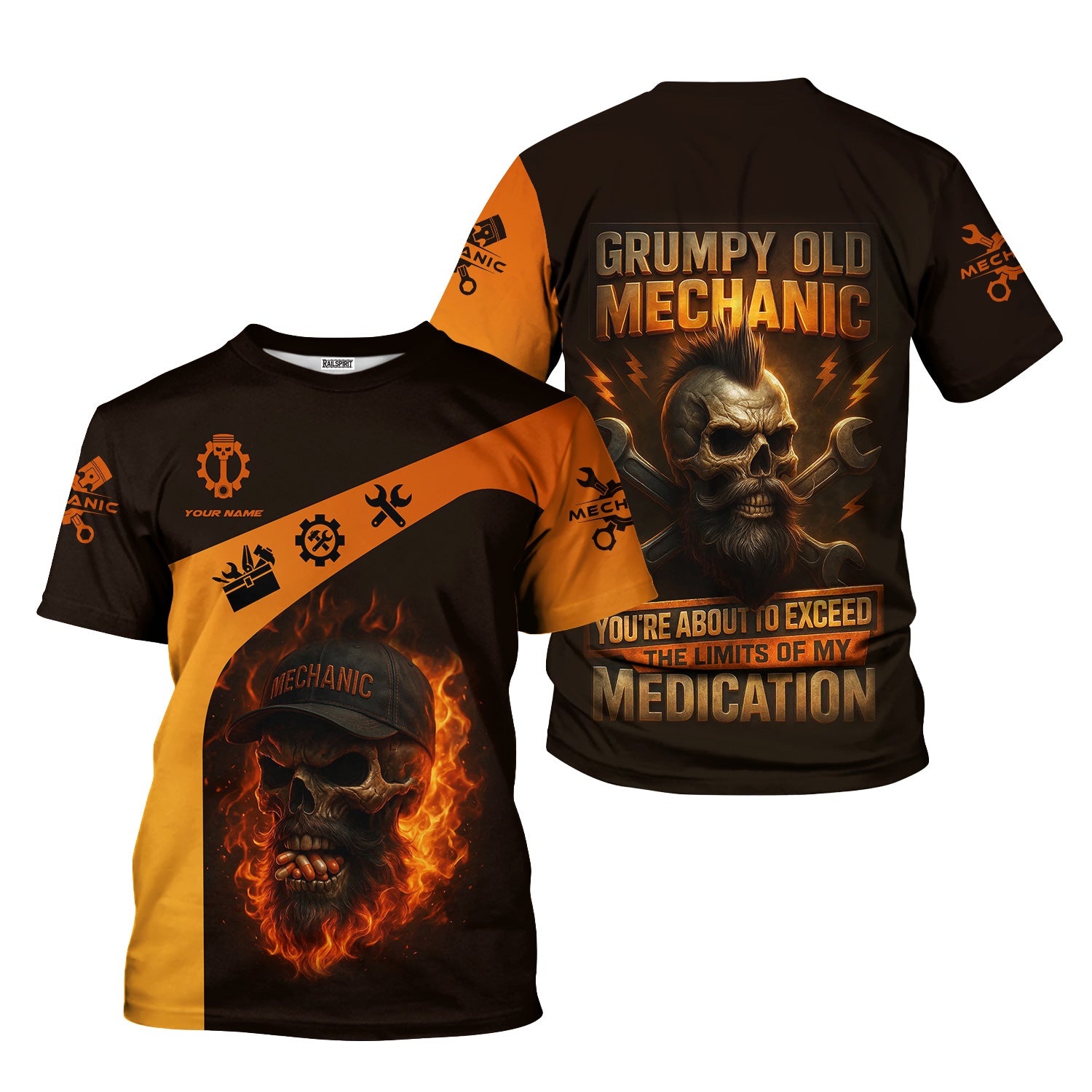 Personalized T-Shirt Grumpy Old Mechanic You're About To Exceed The Limits Of My Medication Flame Skull Design Shirt