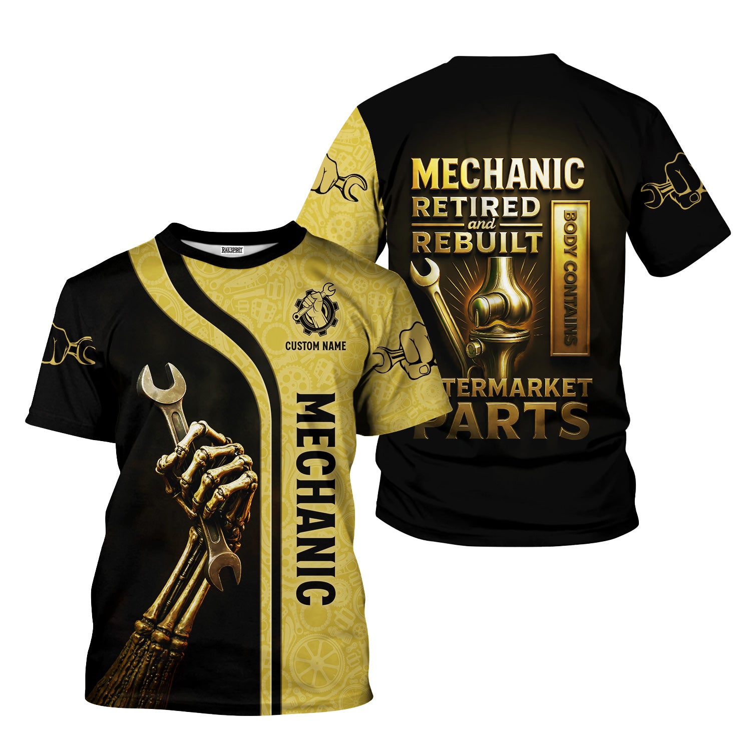Personalized T-Shirt Mechanic Retired And Rebuilt Body Contains Aftermarket Parts Bony Hand Design Shirt